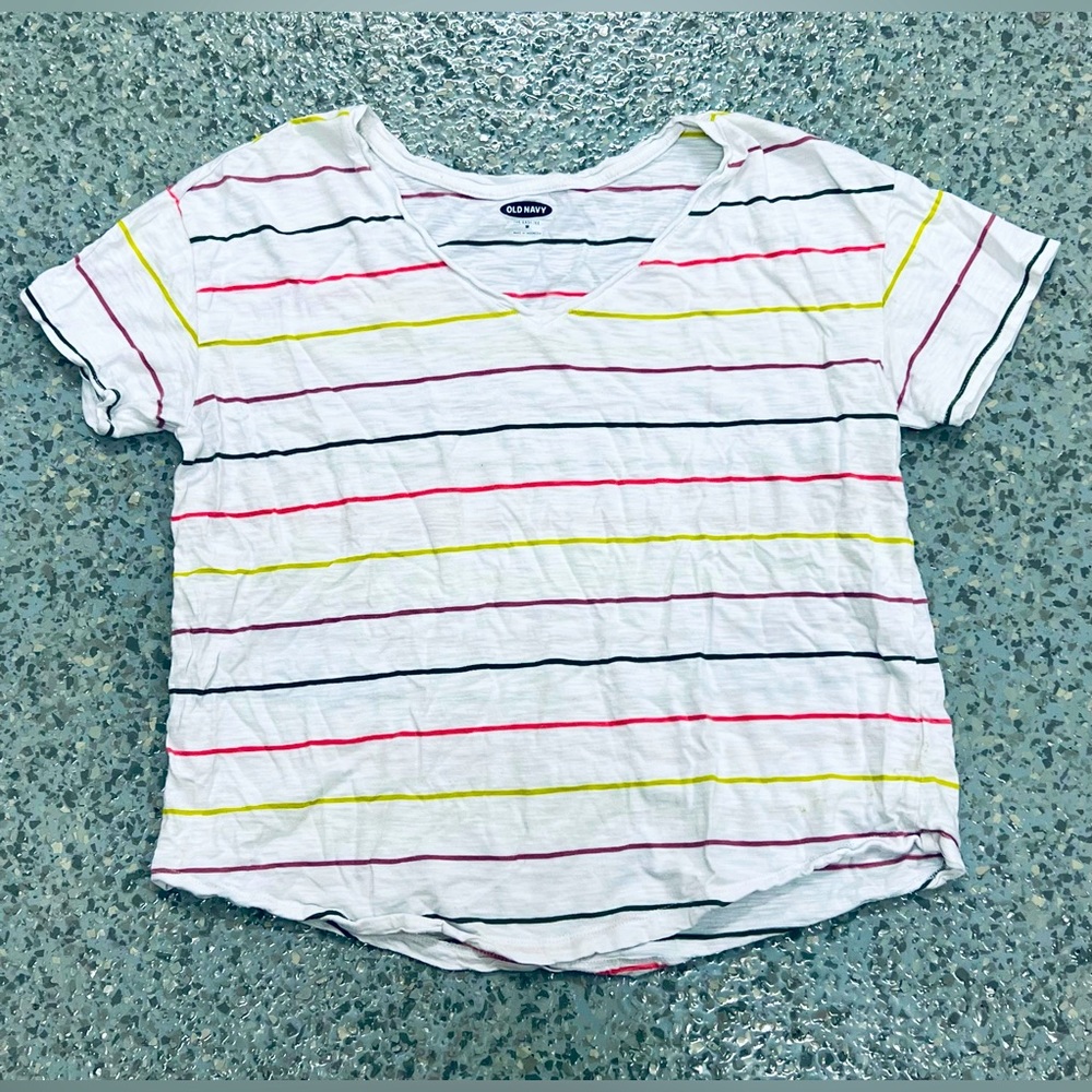 OLDNAVY T-Shirt for Womens. Size Medium, Color White/Multicolor Stripes.